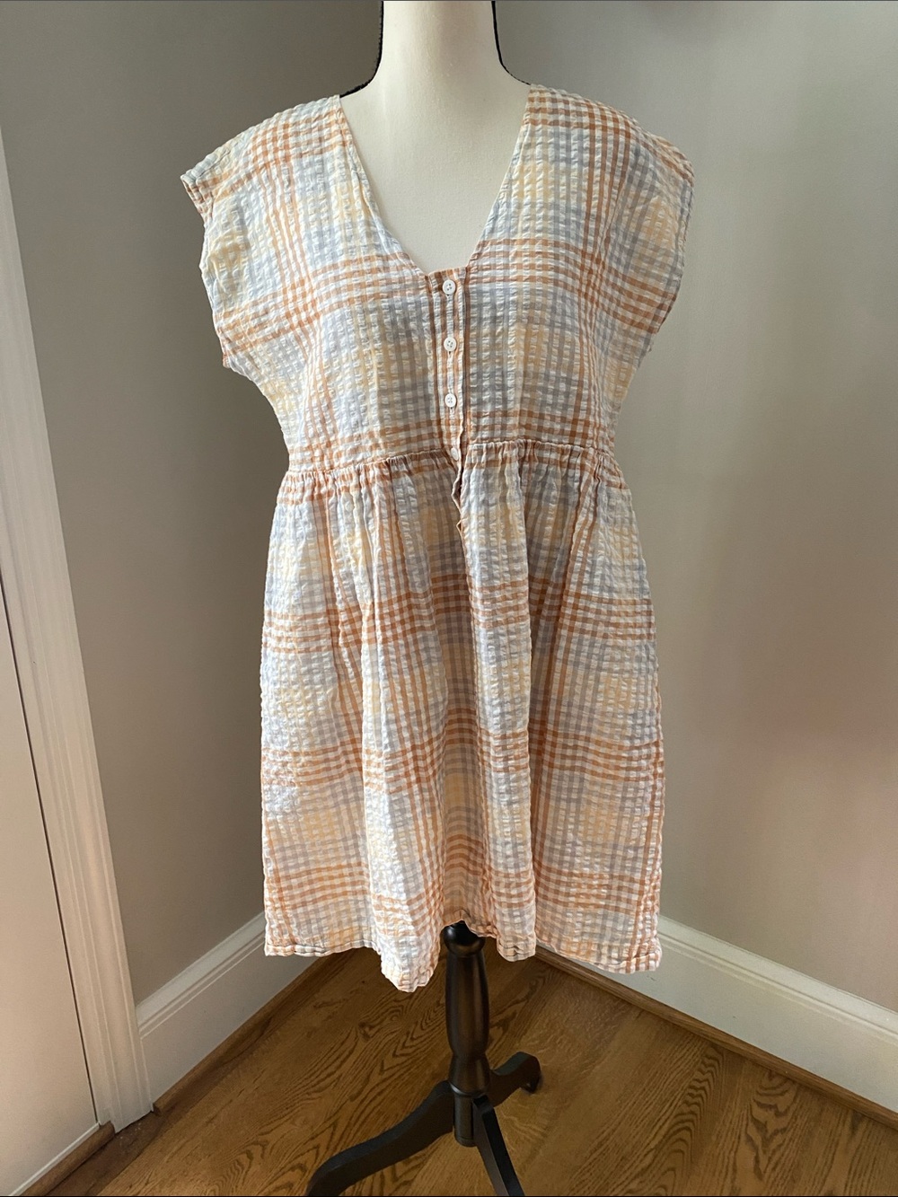 Madewell Gauze cotton mini lined bat wing gingham dress size small